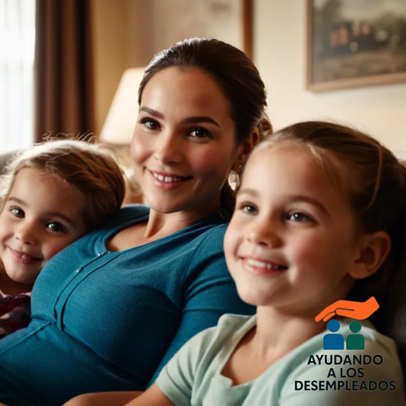 a warm and intimate family scene in a cozy living room, where four smiling children of different ages and a loving parent sit on a worn-out couch, surrounded by toys, books, and framed family photos, all bathed in soft natural light.