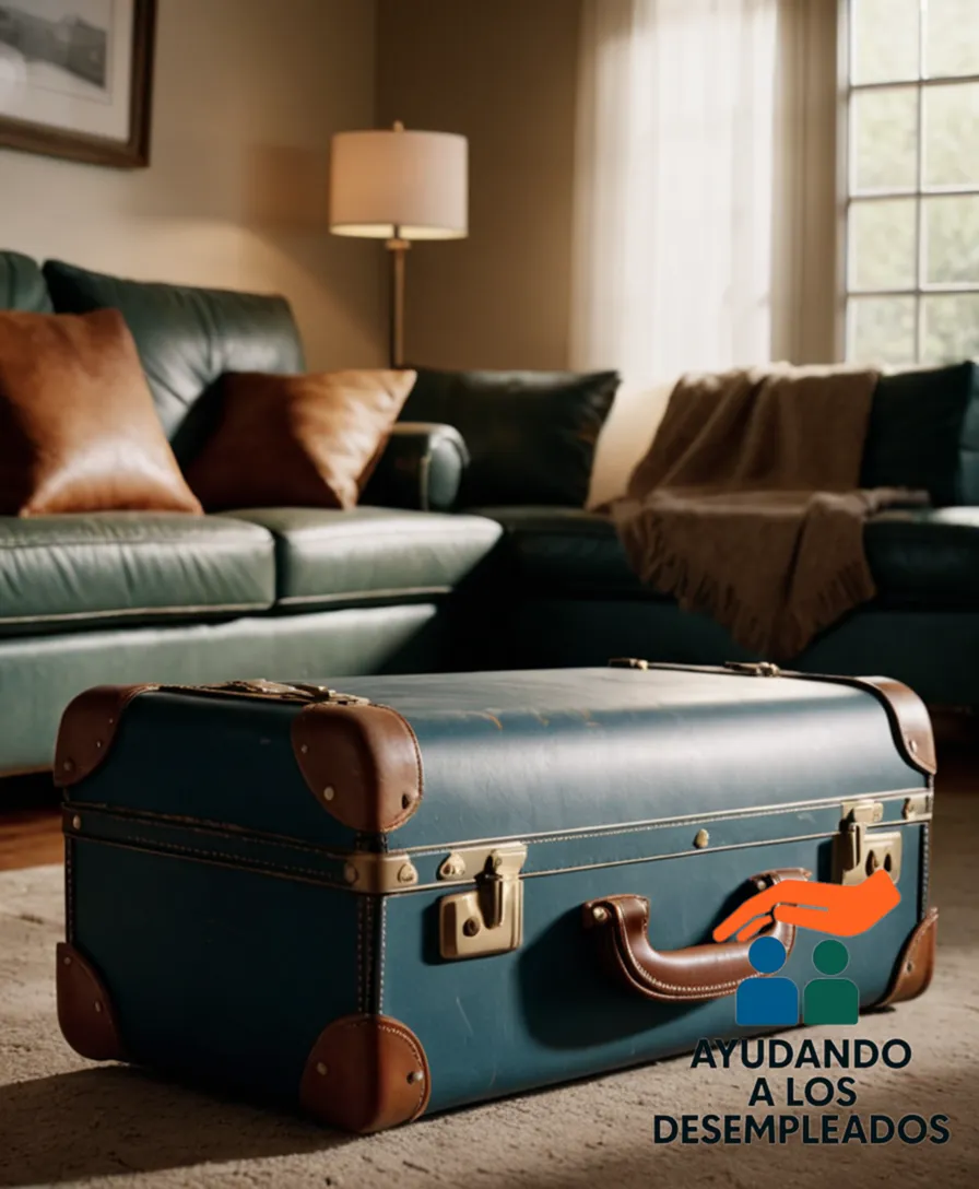 a worn, weathered suitcase lying open on a worn-out couch, with a stack of unpaid bills and a foreclosed notice taped to the wall in the background, contrasting sharply with a small, proud photo of a mortgage-free dream home displayed on top.