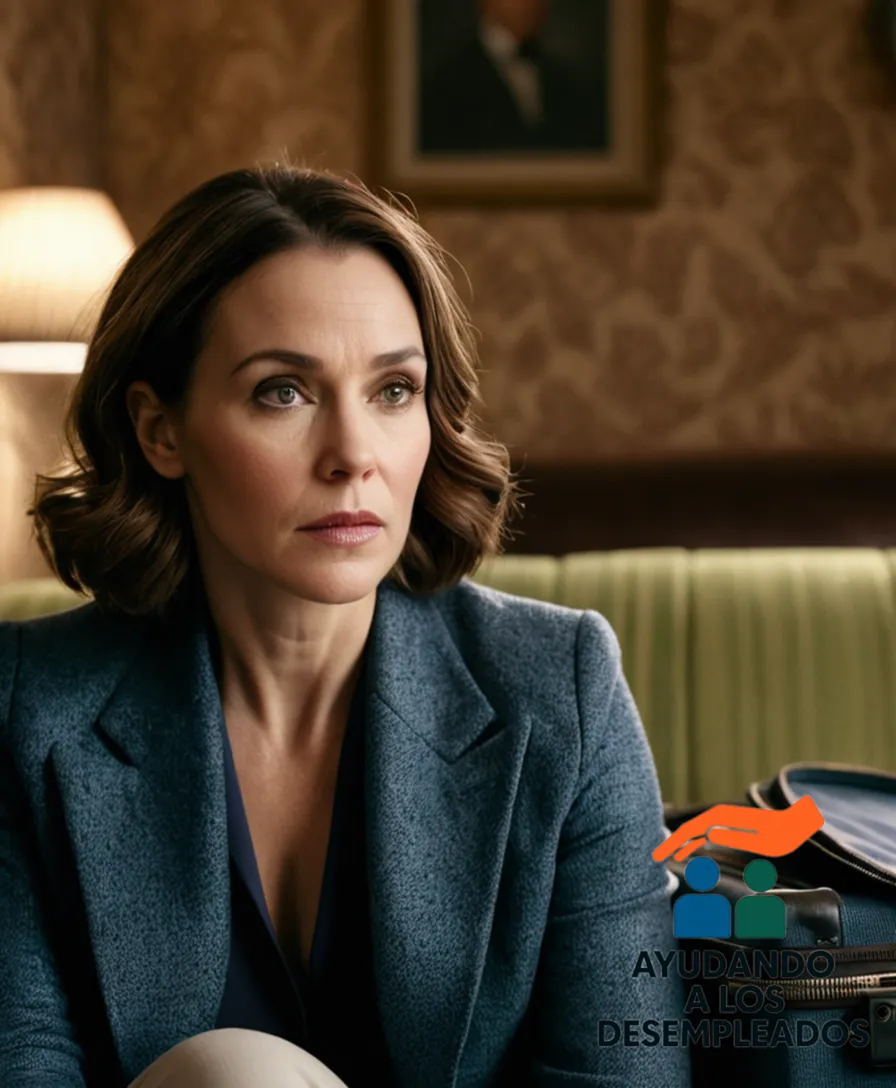 A somber-looking woman in her mid-30s, seated on a worn-out sofa with a few suitcases scattered around her, against a dimly lit background of a small, modest living room with peeling wallpaper and a large 