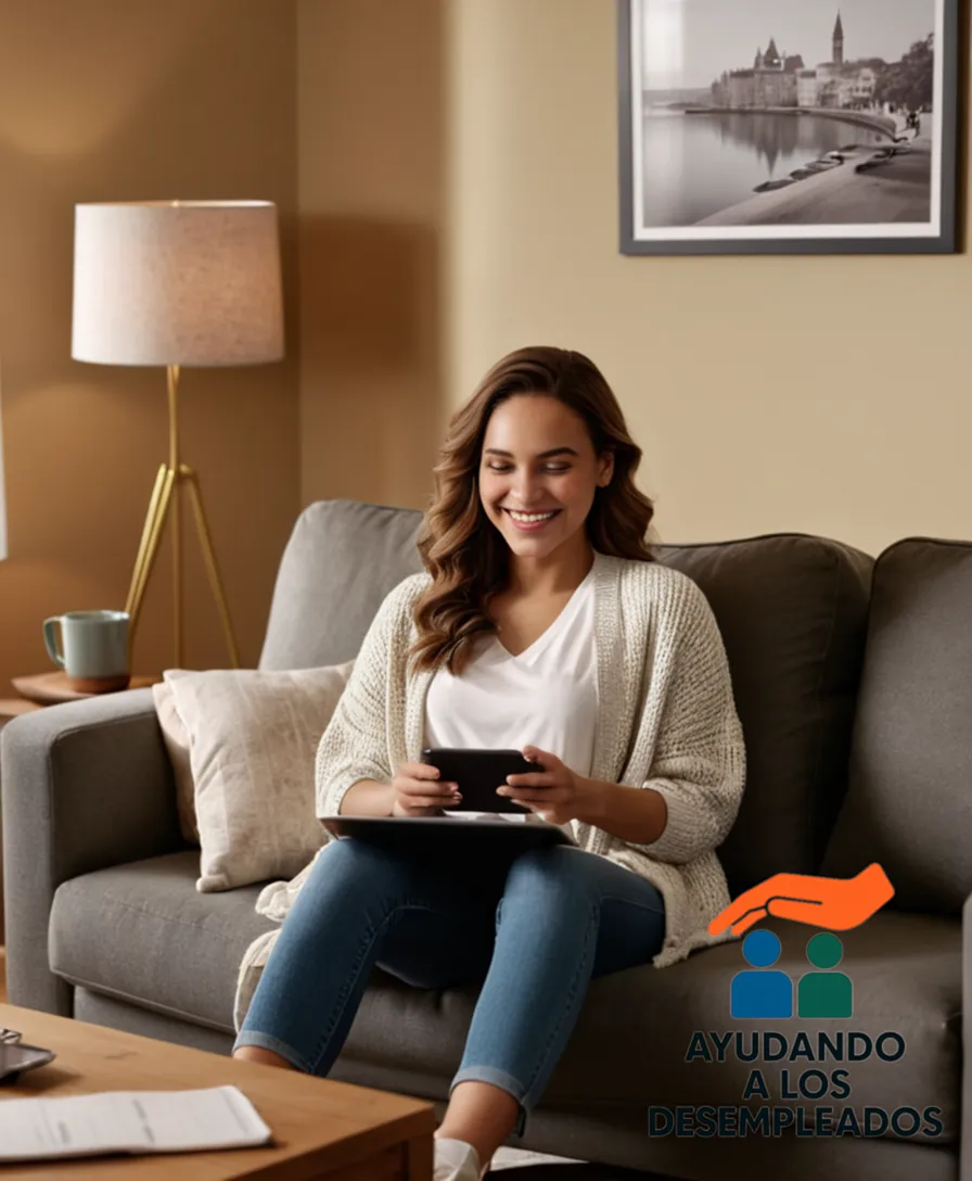 a genuine scene of a smiling young woman sitting on a couch in her modest living room, leaning against an adapted laptop tray on her lap as she scrolls through her phone, with a visible wheelchair by her side and a calendar on the wall announcing housing allowance support.