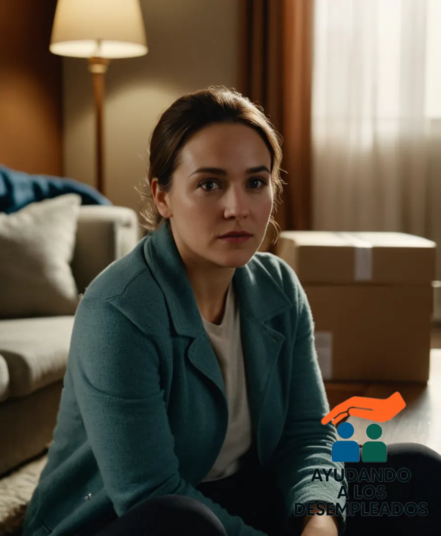 a person with a clear visible physical disability, sitting on a worn-out couch in a small, dimly lit apartment, surrounded by boxes and suitcases as indications of recent moves, staring out of the window with a mix of despair and hope on their face.