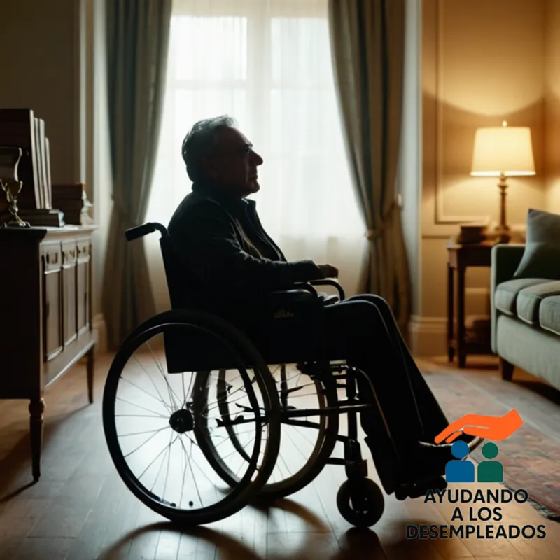 a realistic depiction of a middle-aged adult in a wheelchair, sitting in a cluttered yet modest living room space, with worn furniture, old family photos, and a few books scattered around, conveying a sense of struggle and resilience.