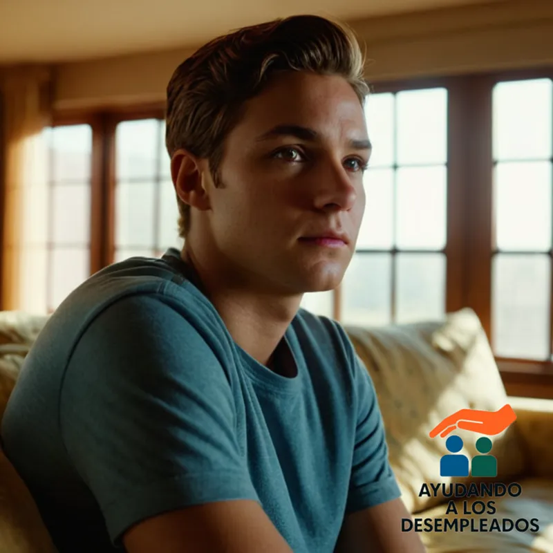 A weary-looking young adult, likely in their early twenties, resting on a worn couch in a small, modestly furnished apartment adorned with government-issued posters announcing housing assistance programs, lit by soft, morning sunlight streaming through the window.
