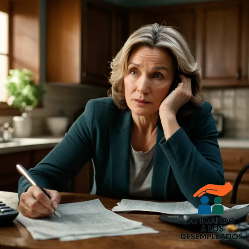 A mature woman in her mid-40s, distressed expression etched on her face, sitting at a cluttered kitchen table surrounded by financial documents, a calculator, and unpaid bills, amidst a modest but dilapidated living room backdrop.