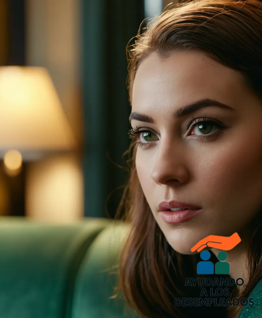 a somber yet hopeful young woman in her late 20s sitting on a worn, dark-green couch in a modestly furnished living room, surrounded by faint shadows, looking up at a blank wall with a few notices and warnings from the bank plastered on it, hands clasped anxiously together.