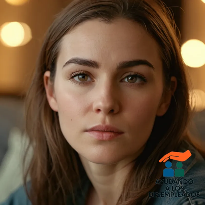 A young unemployed woman in her mid-twenties, sitting on a worn-out couch in a small, cluttered apartment, with a faintly lit window frame in the background, her weary expression illuminated by the soft, yet melancholic morning light.