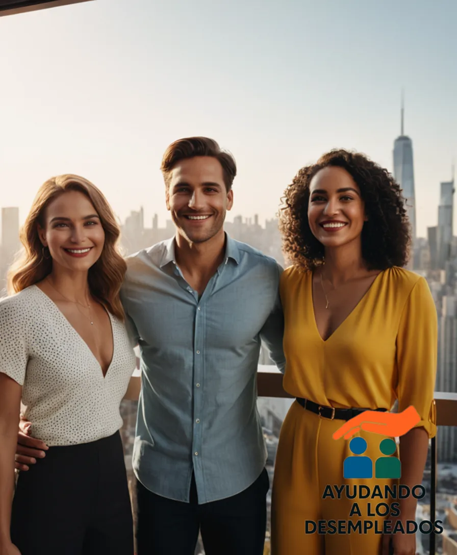 A diverse group of three smiling individuals - two women in their mid-twenties and one man in his late twenties - standing on a balcony, surrounded by urban skyscrapers, with large windows that let in abundant morning sunlight, as they gaze out at the city from the modern, affordable apartment they found online.