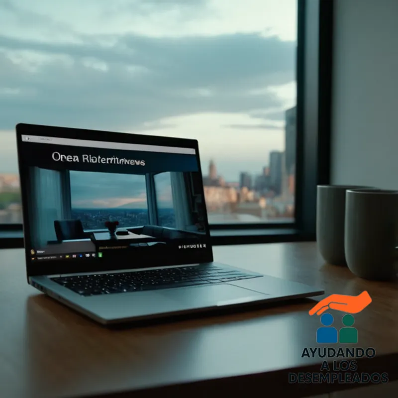 A close-up of a person sitting in front of a laptop on a cluttered kitchen table, with a suspicious online ad open on the screen displaying a dubious advertisement for a cheap apartment, amidst a blurred suburban cityscape through the window.