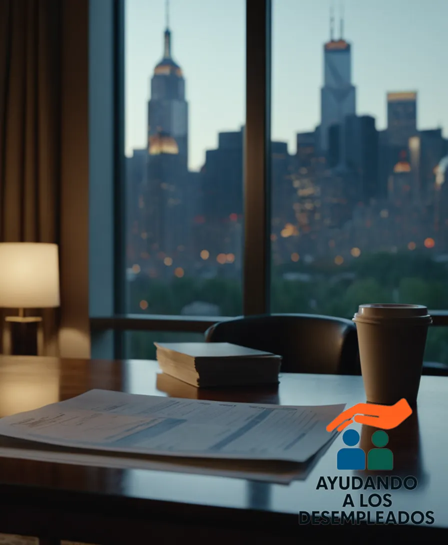 A close-up of a financial document lying on an empty coffee table in a dimly lit living room, with a faint cityscape visible through the window behind it, surrounded by stacks of unpaid bills and foreclosure notices.