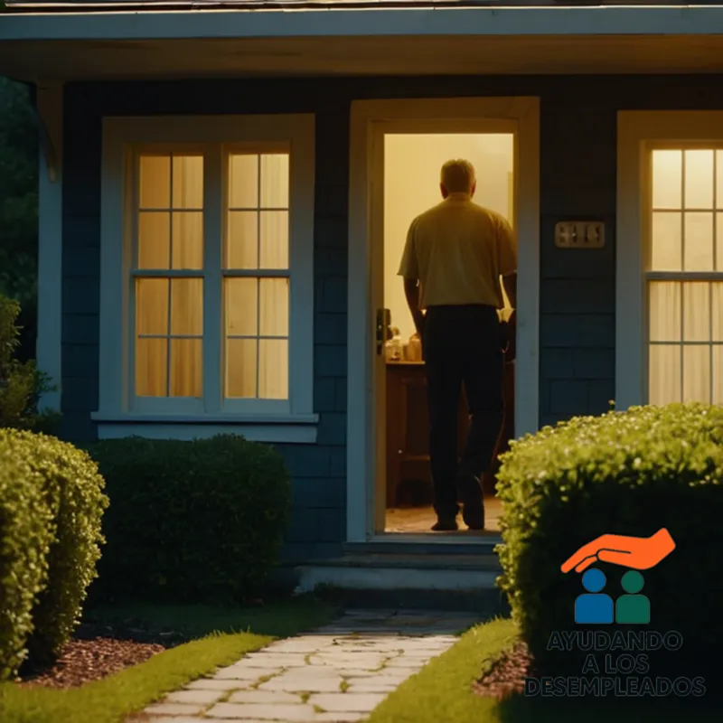 A medium shot of a weary homeowner staring at a notice of default on their front door, illuminated by a faint yellow streetlight casting long shadows behind the overgrown garden and peeling plaster of a distressed mortgage house.