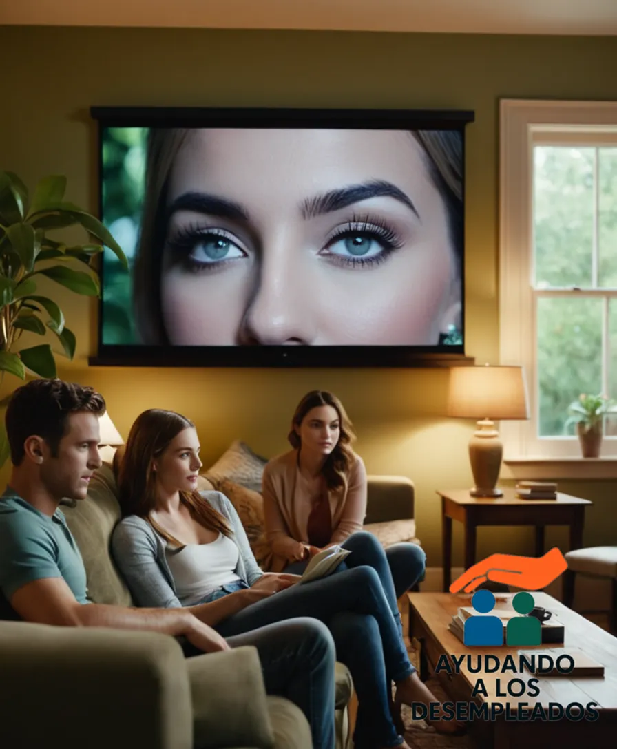 A modestly furnished shared living room featuring two young adults sitting on a worn couch, surrounded by books and personal belongings, looking out at the viewer through a large window onto a lush garden, while a computer screen in the background displays an online advertisement for shared accommodations.