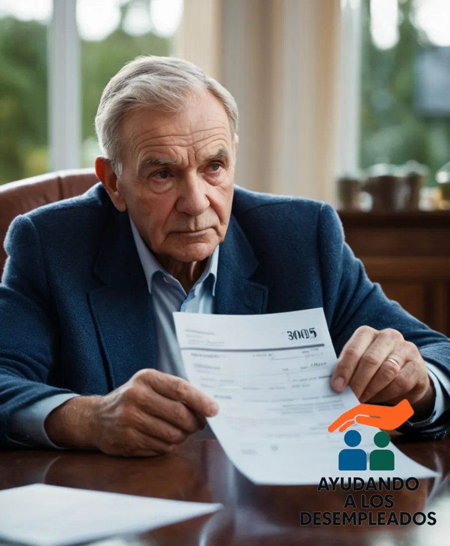A close-up of an elderly man holding a mortgage contract in one hand and several bank statements on his dining table, as he leans against a worn-out armchair with a faint look of concern and anxiety reflected on his face.