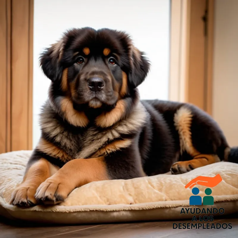 a large, adorable Tibetan mastiff puppy, titled Paro, sitting on a plush dog bed in a calm home environment, gazing at the camera with big, brown eyes, against a warm beige wall lit by soft natural light.