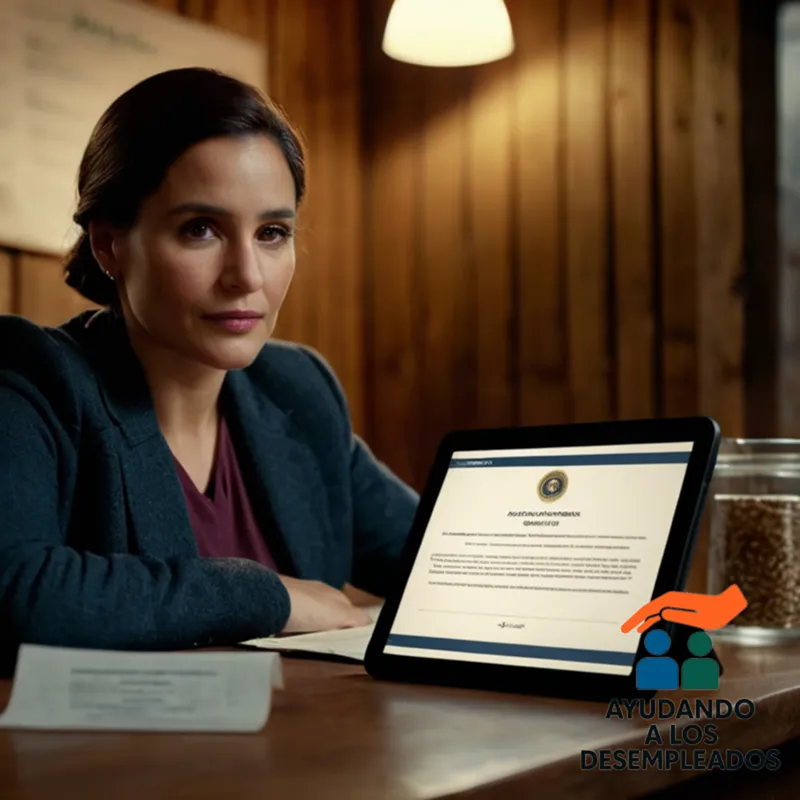 A person sitting in front of a worn, wooden desk in a small, dimly lit room, surrounded by posters about labor rights and unemployment benefits, holding a tablet with an open government website showing a payment details screen displaying the words 