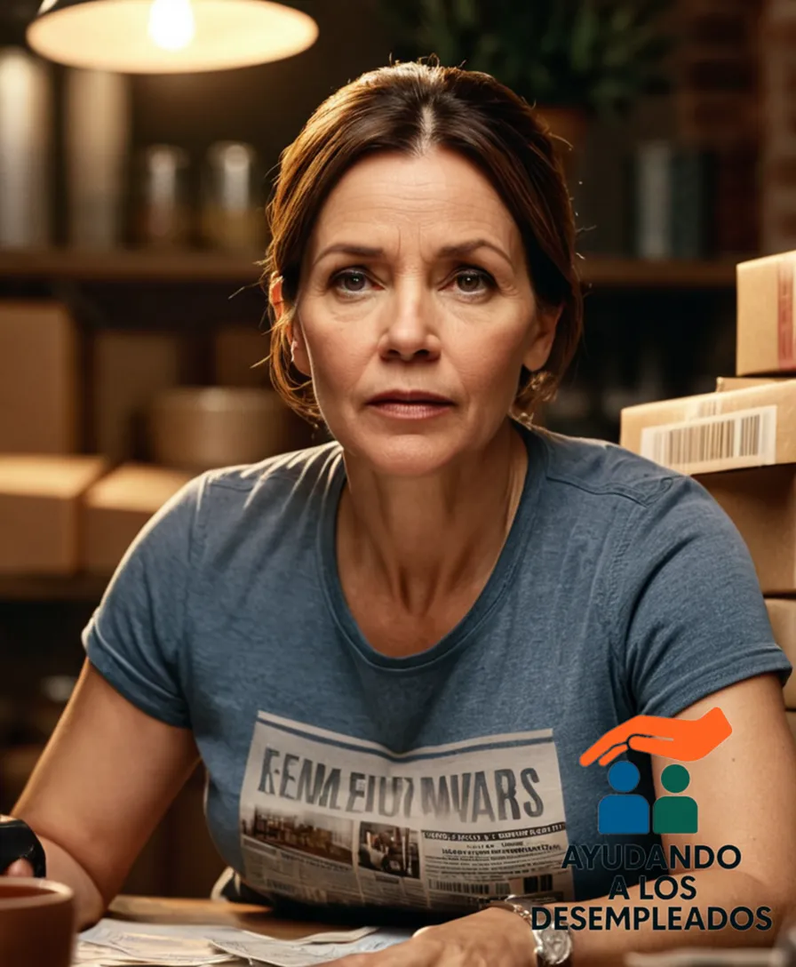A hardworking mother in her mid-40s, wearing a worn-out t-shirt and jeans, surrounded by stacks of unpaid bills, credit card statements, and eviction notices on a cluttered kitchen table, with a worried expression gazing at the camera.