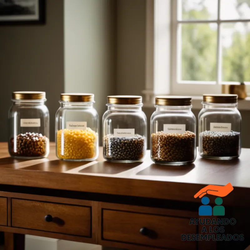 A neatly arranged stack of savings jars, each one labeled and filled to varying degrees, placed on a wooden dining table in a simple yet cozy home office setup, with a calm background and soft natural light emphasizing the sense of organization.