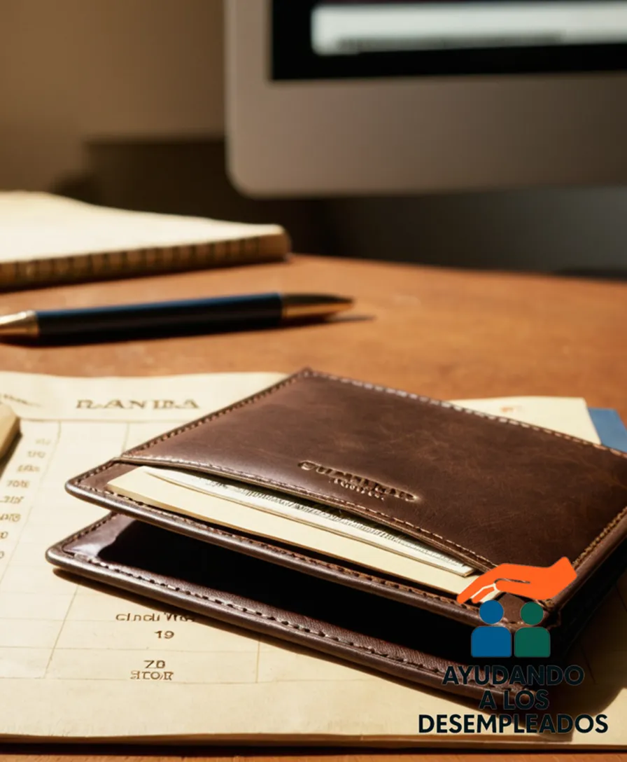 A worn-out wallet on a cluttered desk, with a faded pencil scribbing notes next to a discarded calendar and a few crumpled up bills in the background, set against a neutral beige wall with soft, diffused lighting.