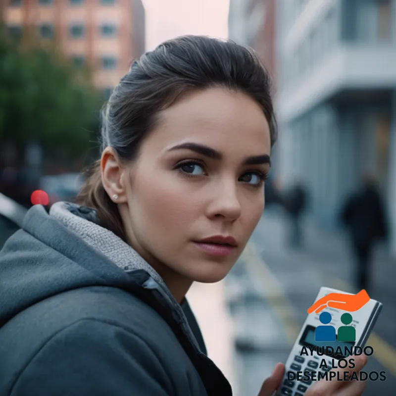 a photograph of a cityscape during a gloomy morning, with a desolate empty street lined with apartment buildings in the background, while in the foreground a young adult sits on a bench, surrounded by worn-out job center brochures and financial calculators, staring at a smartphone with a financial screen visible.