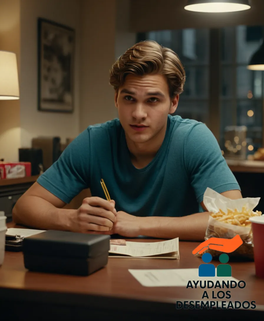 a young adult male sitting at a cluttered desk in a small apartment, surrounded by empty takeout containers and unwrapped fast food bags, with a worn wallet and scribbled budget notes nearby, highlighting financial stress amidst meager savings.