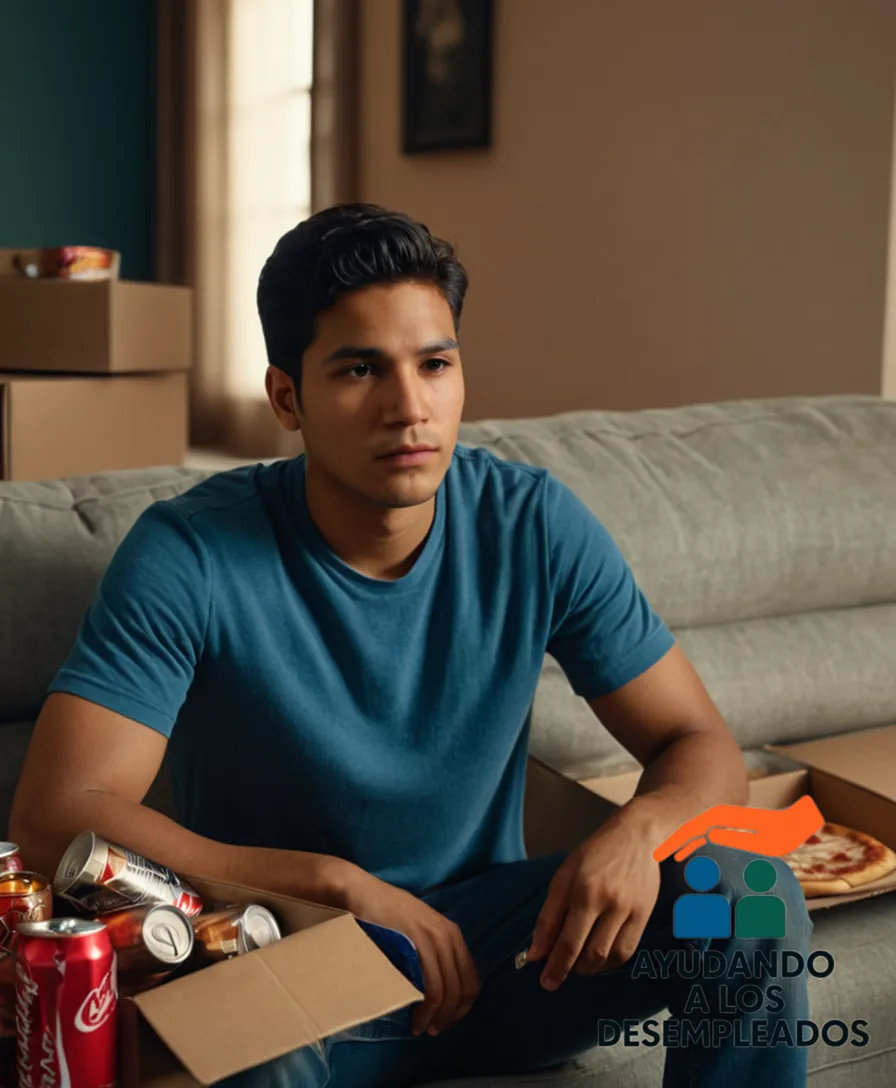 A somber-looking young Latino man sitting on a worn-out couch in a sparse apartment, surrounded by empty takeout containers, pizza boxes, and energy drink cans scattered on a cluttered coffee table, reflecting the struggles of making ends meet with no stable income.