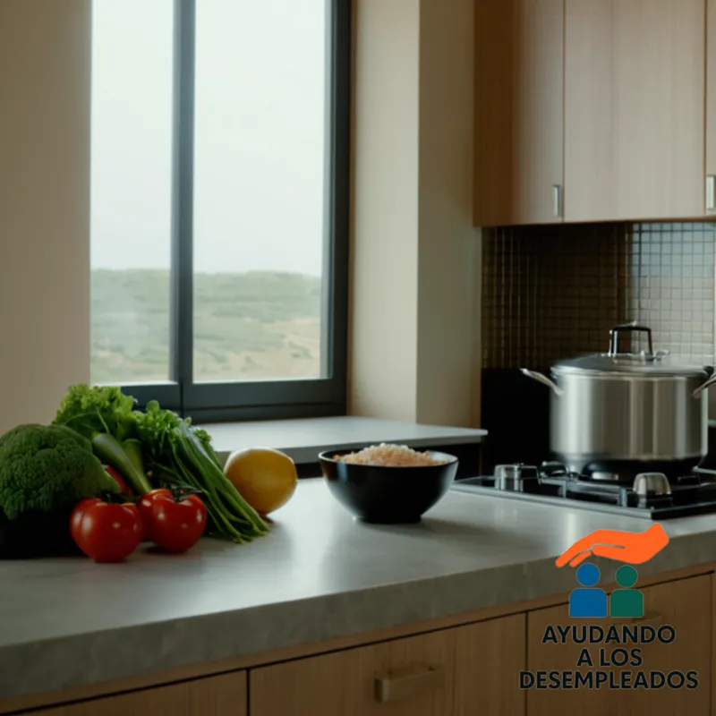 a genuine-looking kitchen counter displaying a meal of plain rice, steamed vegetables, and canned tuna, with a glass of tap water on the side, amidst a clutter-free small apartment's beige walls and linoleum flooring, evoking a sense of thriftiness and resourcefulness.