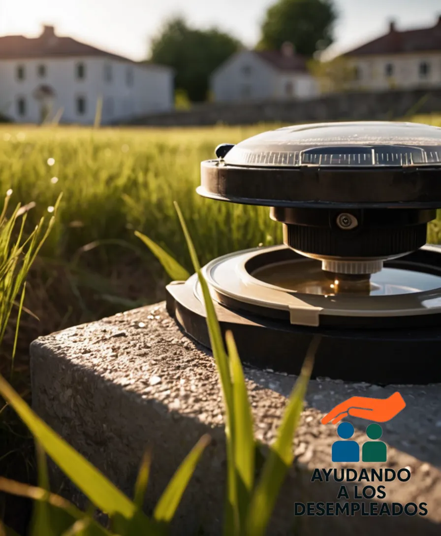 a worn, beige-colored water meter set on a crumbling concrete base, half-hidden in overgrown grass near a city's suburban street corner, under warm sunlight casting long shadows at the end of day.