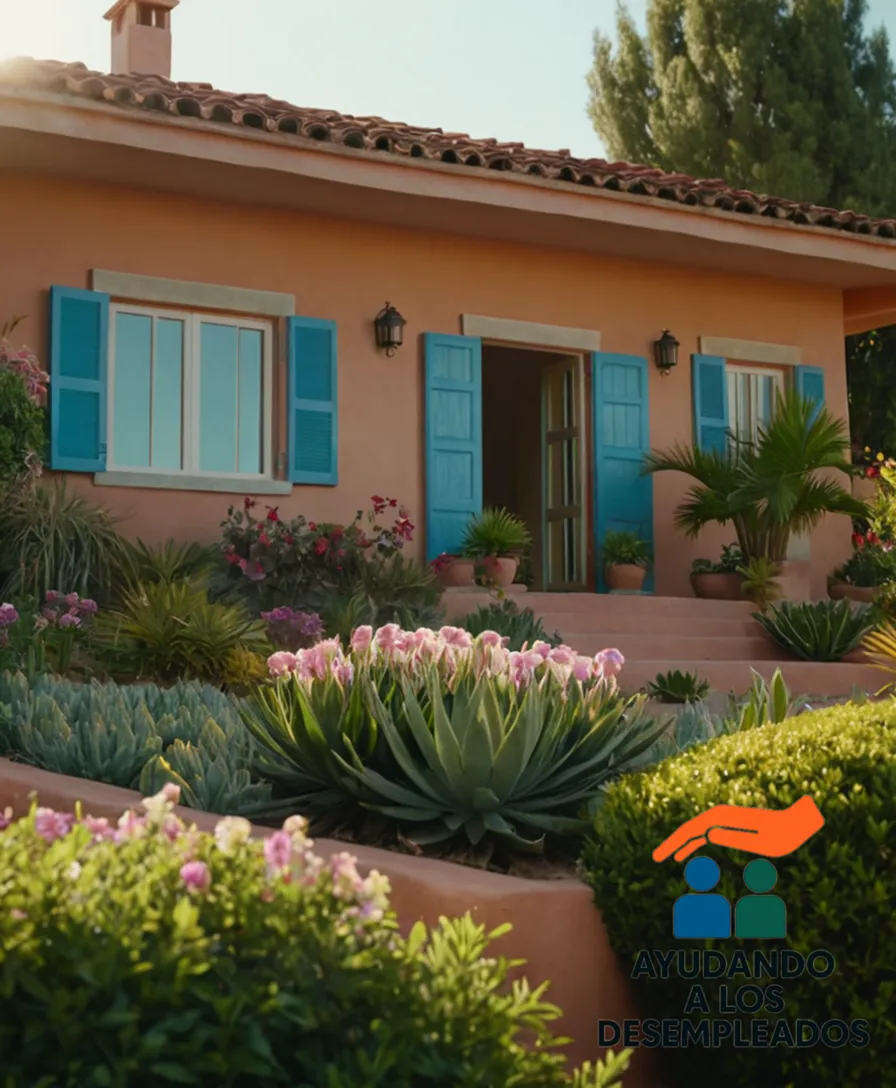 a modest, pastel-blue painted, adobe-style one-story Mexican suburban house nestled among lush green trees and vibrant flowering plants on a sunny background, with a small flag of Mexico proudly waving in front, subtly conveying a sense of hope and resilience amidst financial struggles.
