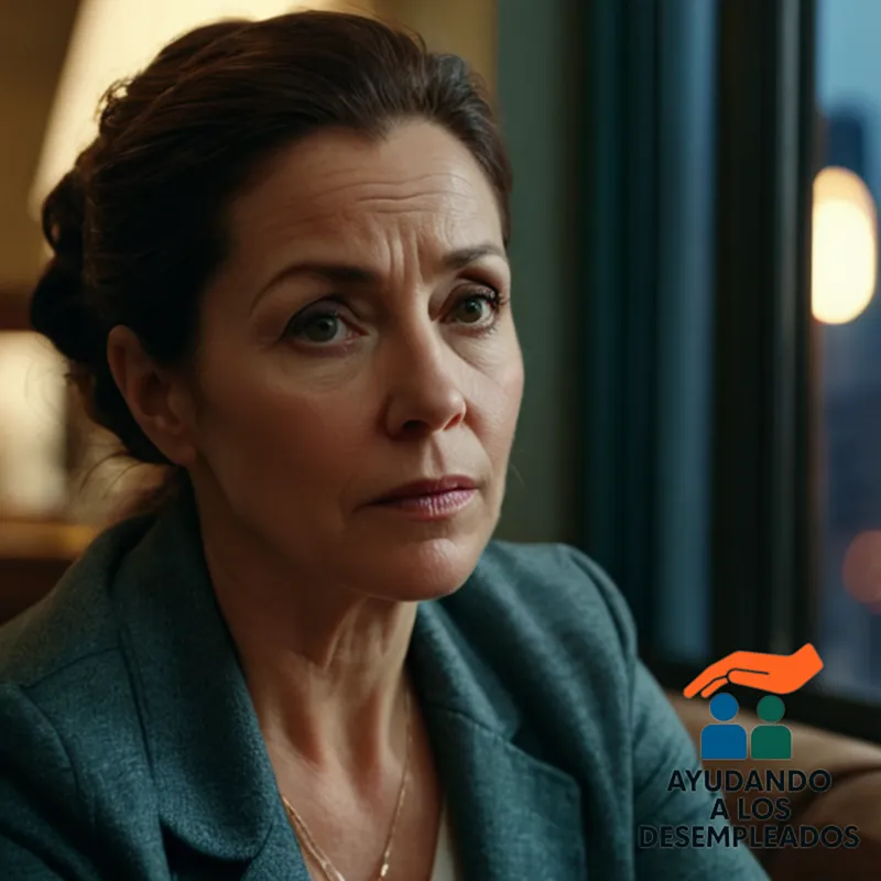 A weary, yet determined unemployed mother in her mid-40s, sitting on a worn-out couch behind a kitchen table cluttered with unpaid bills and documents, surrounded by dimly lit apartment walls, with a faint cityscape view through the grimy window reflecting her distress.