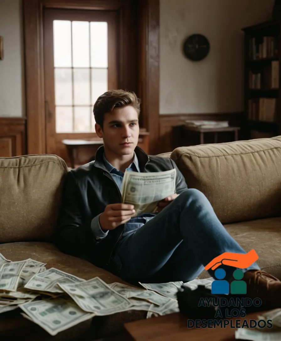 a solemn-looking young adult, likely in their late 20s, sitting on a worn-out couch, surrounded by stacks of discarded bills, expired deadlines, and scattered financial documents, gazing out at a half-built and unpainted house exterior through a dusty window.