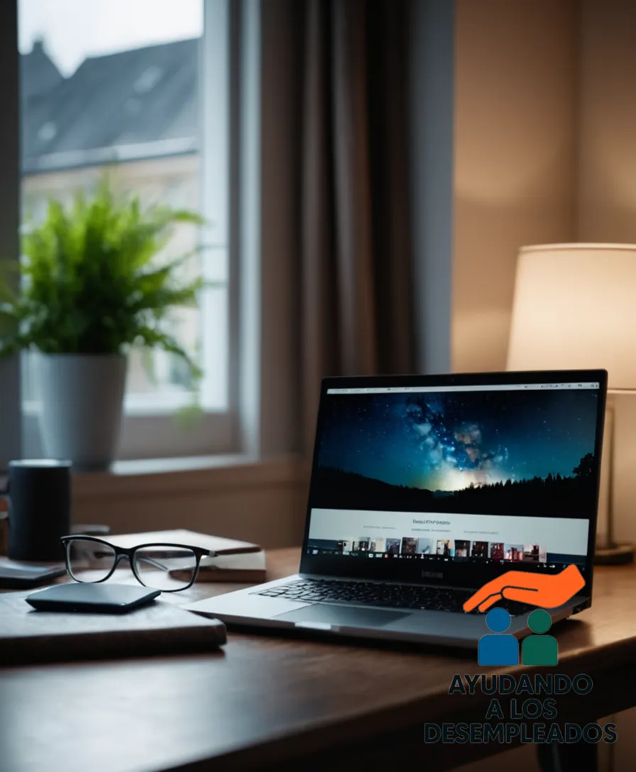 A faintly lit living room set with a worn-out laptop on a cluttered desk in front of a window with a plain white wall, amidst a humble yet clean basic housing unit, with visible signs of modest efforts to conserve energy.