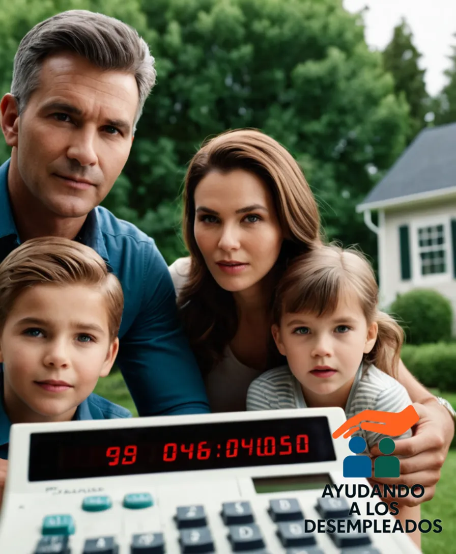 A realistic depiction of a young family standing in front of their modest suburban home, surrounded by sparse greenery, with an oversized calculator and stack of financial documents scattered on the porch step, illustrating concerns about refinancing a mortgage amidst unemployment.