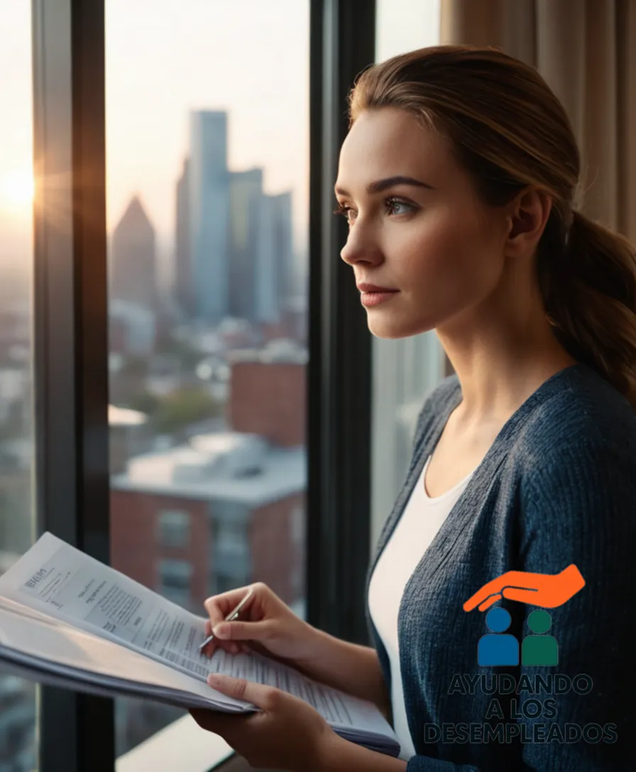 A young adult in casual attire standing at an open window of their modest apartment, looking out at a cityscape while reviewing a stack of financial documents and calculating rent prices, against a vibrant yet muted urban background with a subtle sunlight streaming through the window.