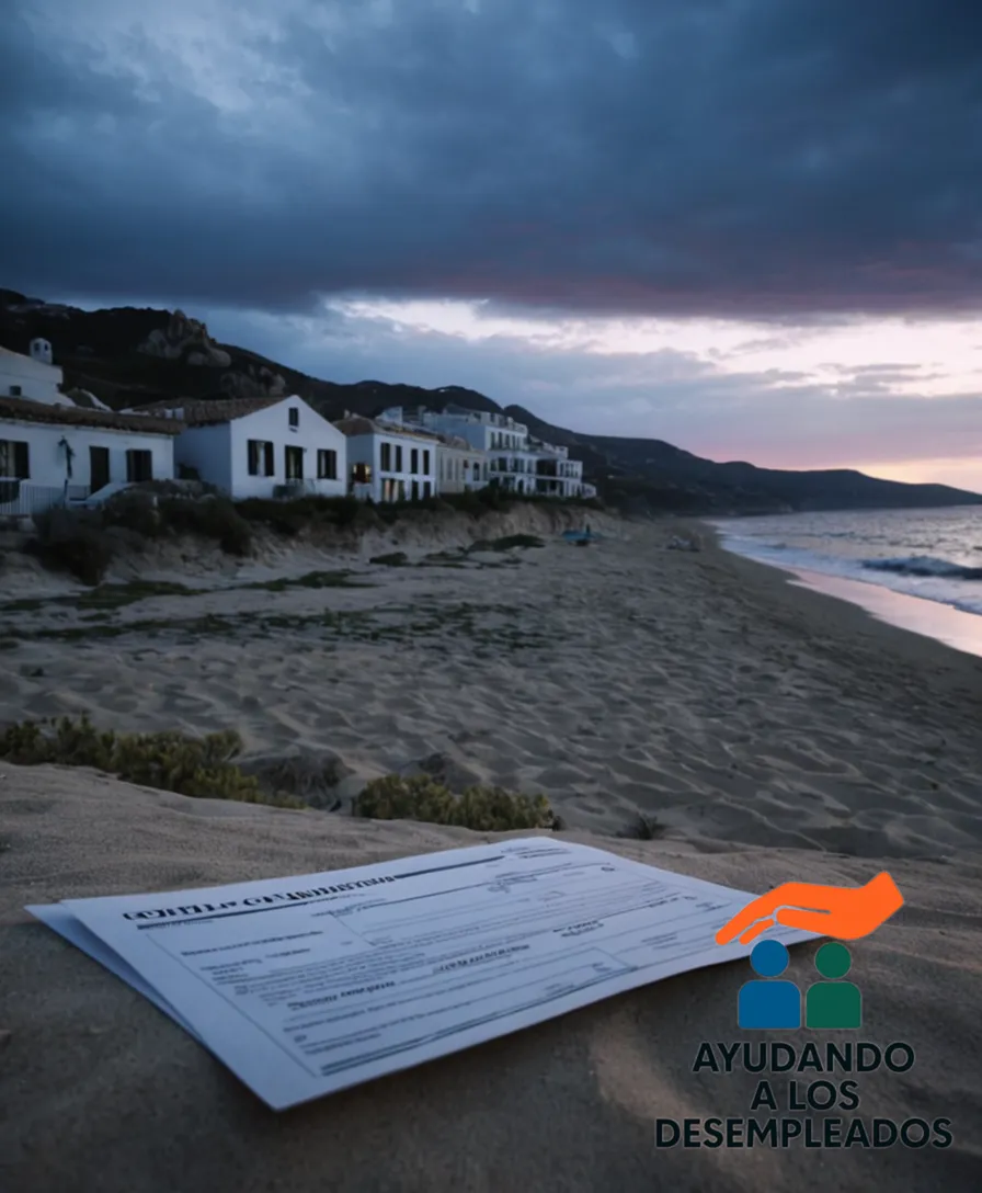A desolate and worn-out Spanish Mediterranean coastline at dusk, with crumbling whitewashed houses and empty beach chairs, while in the center a single figure sits on the sand, surrounded by stacks of unpaid bills and a foreclosed property notice, under a dimly lit sky with grey clouds gathering.
