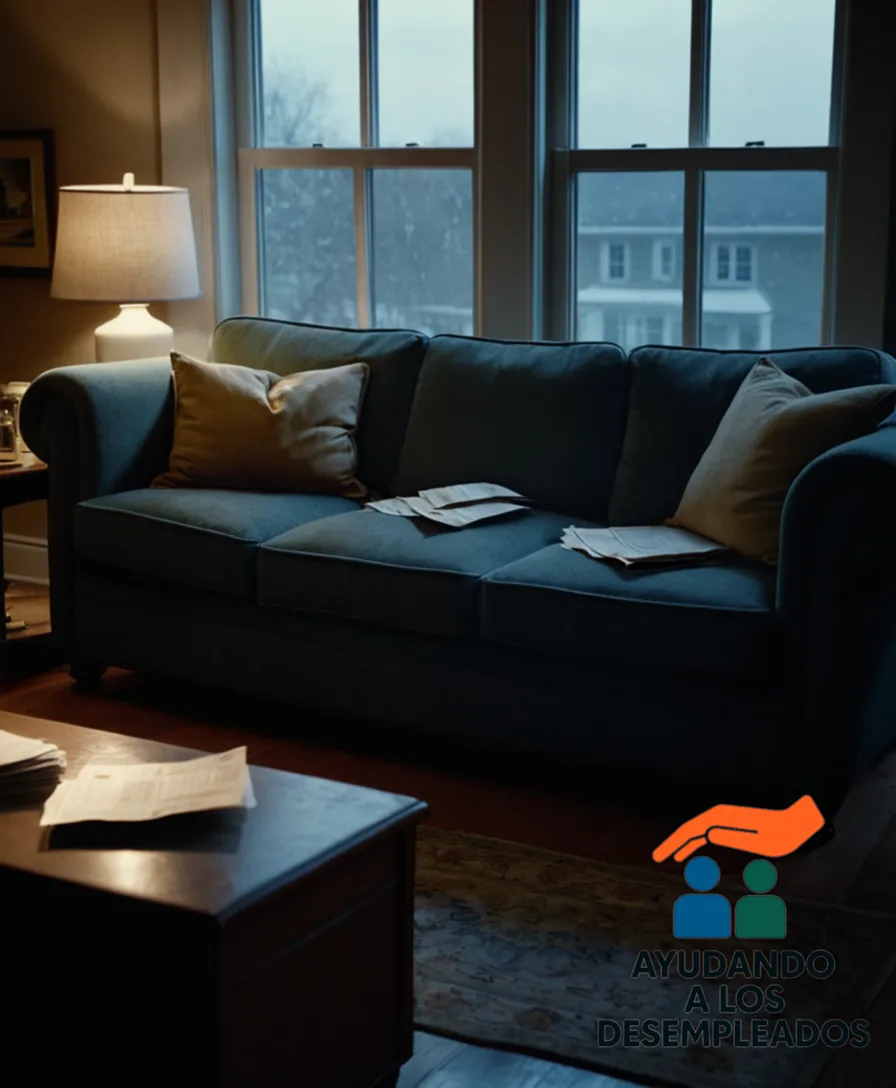 A worn-out sofa in a dimly lit living room, with unpaid utility bills and bank statements scattered across its cushions, surrounded by stacks of unopened mail and foreclosure notices on the coffee table, symbolizing the suffocating weight of mortgage debts during unemployment.