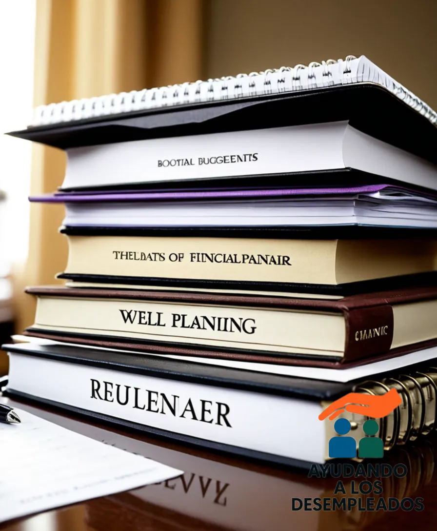 A worn-out calendar placed on top of a cluttered desk, surrounded by scattered bills, receipts, and broken pens, with a faint light in the background highlighting a stack of well-organized notebooks labeled with budgeting and financial planning titles.