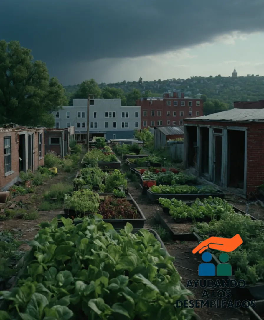 A photograph of a vibrant, yet struggling neighborhood in a state of economic hardship, as evidenced by crumbling buildings, overgrown community gardens, and boarded-up storefronts, set against a backdrop of a gray sky, emphasizing the sense of uncertainty.