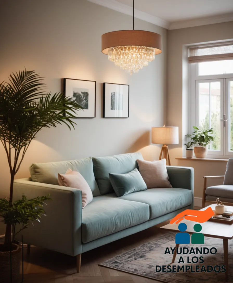 a cozy, compact living room in a small apartment, with a minimalist sofa placed against one wall, surrounded by soft pastel-colored shelves, delicate pendant lamps, and a vibrant plant situated on a low coffee table, bathing the space in warm morning sunlight.