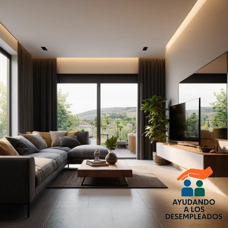 A practical open-plan living room in a compact modern home, with neatly arranged furniture and decorative pieces placed within a minimalist space-saving setup, centered around a small stylish sofa positioned near a sunny window.