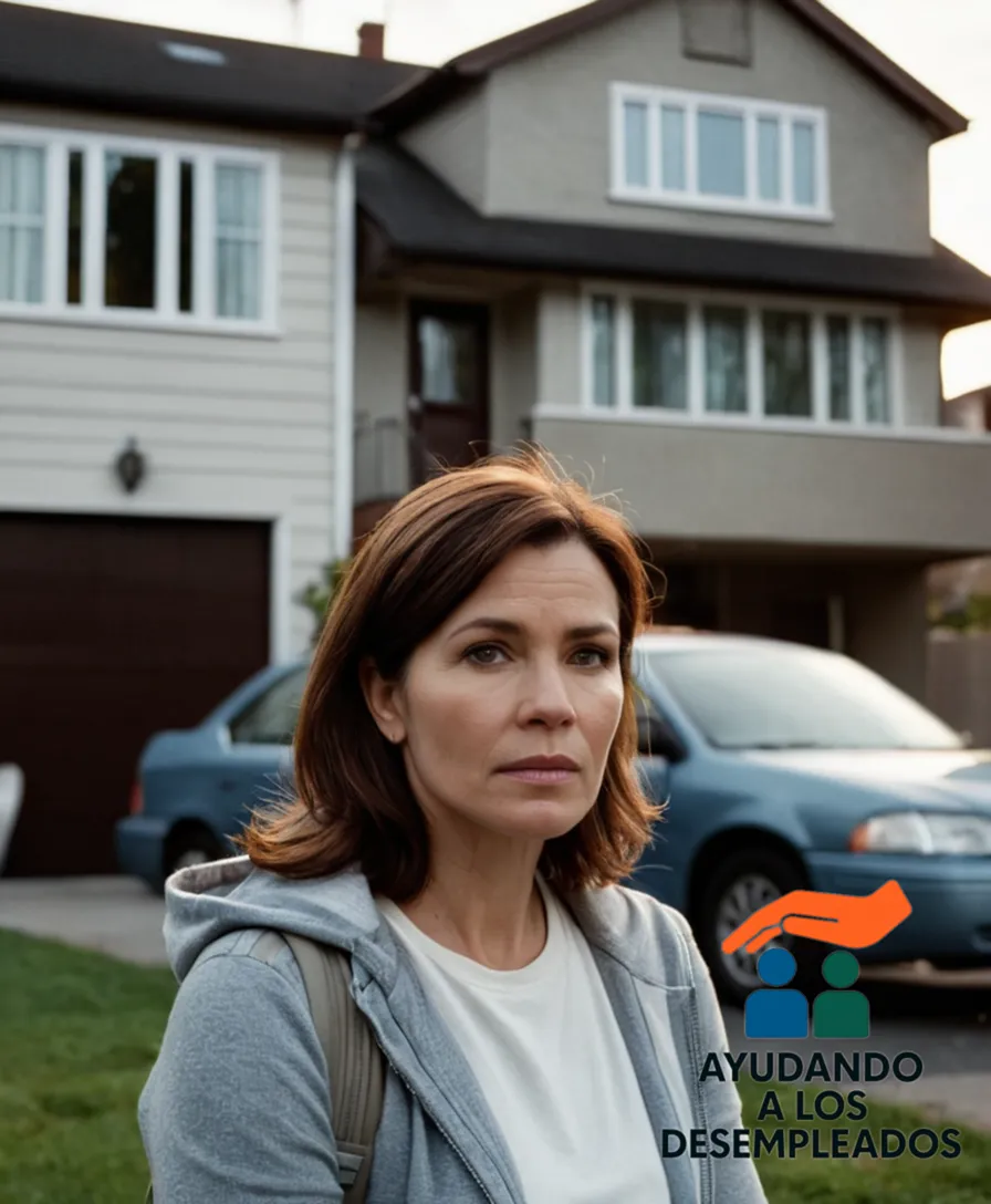 A somber street in an urban neighborhood at dusk, with a family's belongings piled up on the sidewalk, surrounded by foreclosed house signs, bailiff vans parked nearby, and a distressed mother holding her young child standing in front of their nearly empty home.