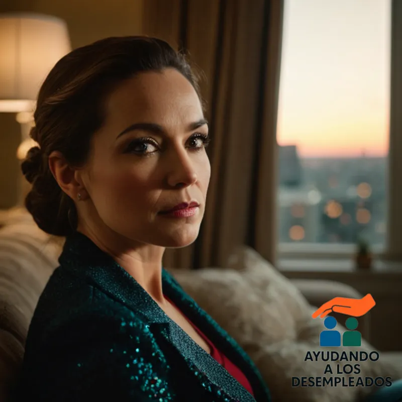 a woman in her mid-30s sitting amidst scattered household belongings on a worn-out sofa in a small, dimly lit apartment, with a cityscape outside through a grimy window reflecting the hopelessness of financial insufficiency despite possible government assistance.