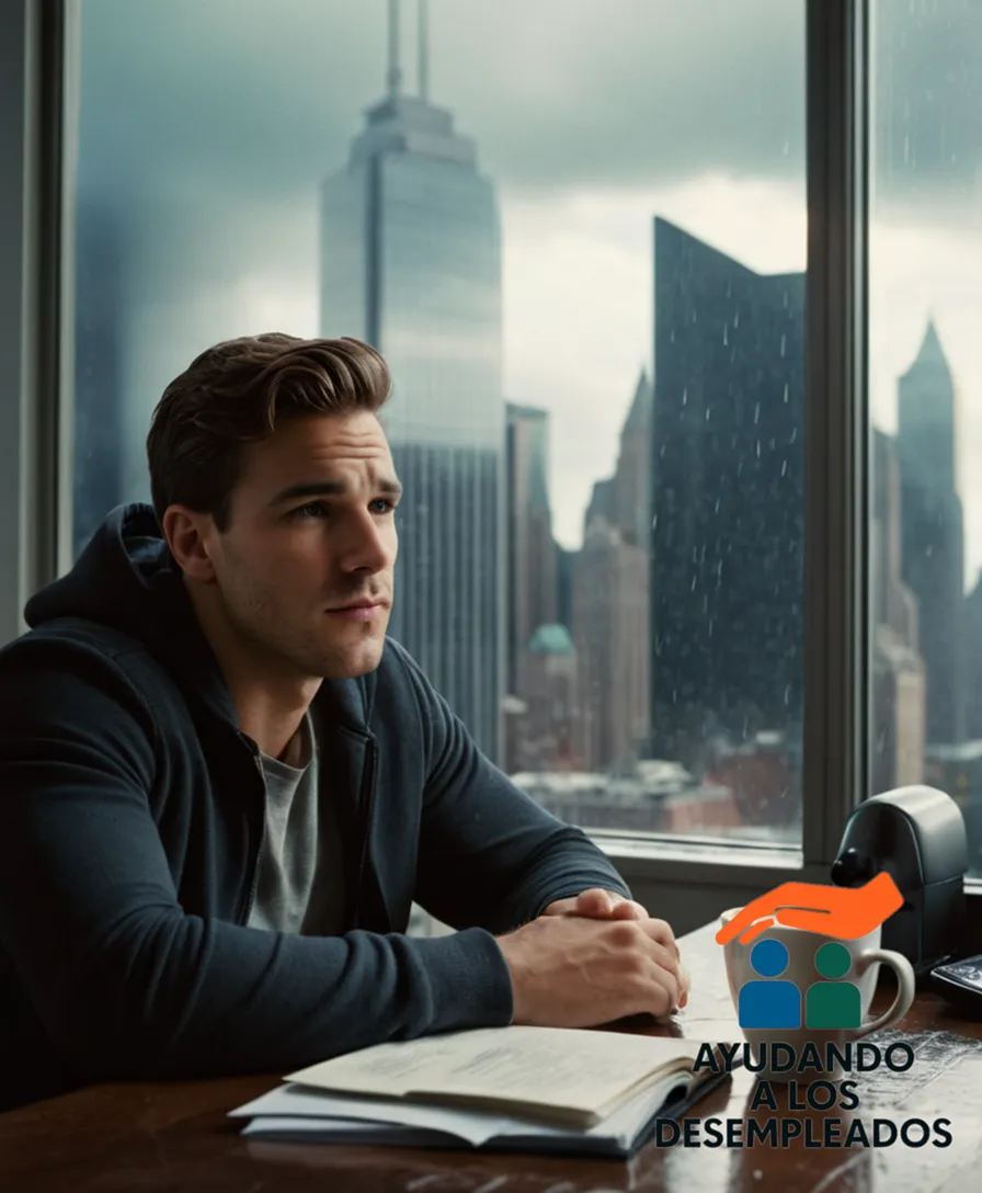 a close-up of an anxious young man in his mid-twenties, sitting at a cluttered desk with stacks of unpaid bills and resumes, holding a coffee cup as he gazes out a rainy window, with a cityscape of skyscrapers looming behind him, adding to the sense of urban pressure.