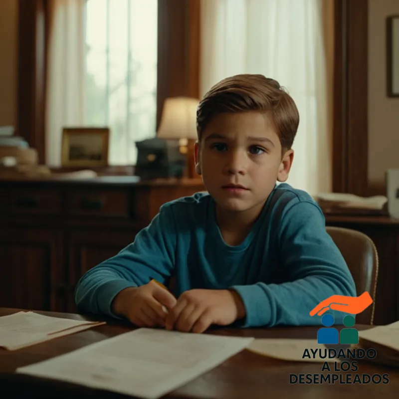 a young boy, sitting at a small wooden desk in a cluttered but cozy living room, surrounded by stacks of unpaid bills and foreclosure papers, wearing a defeated expression and clutching a small letter from his bank indicating repossession.