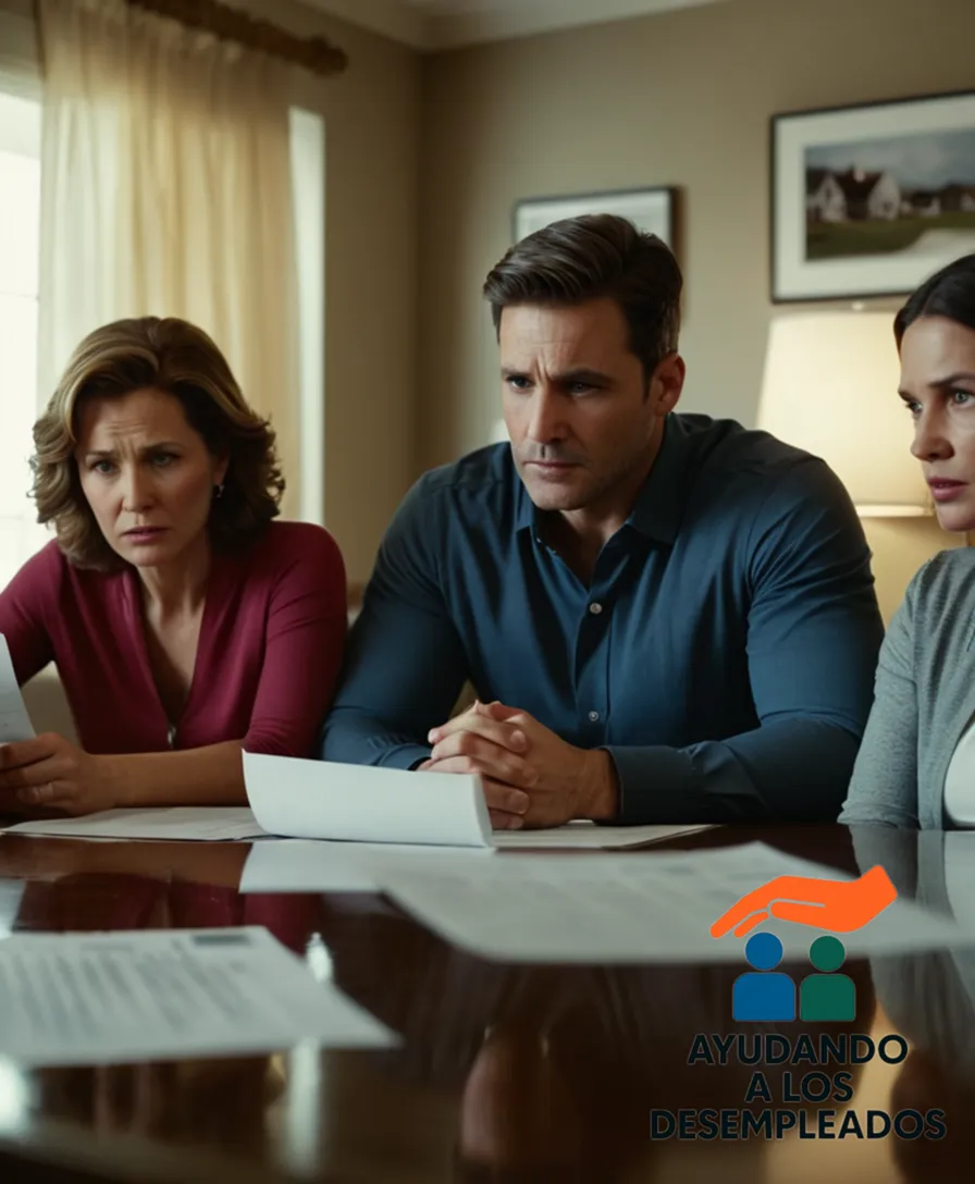 A close-up of a worried family sitting in their living room, surrounded by stacks of unpaid bills, letters from creditors, and a foreclosure notice on the wall behind them, with a blurred photo of a suburban house faintly visible, conveying a sense of desperation and financial stress.