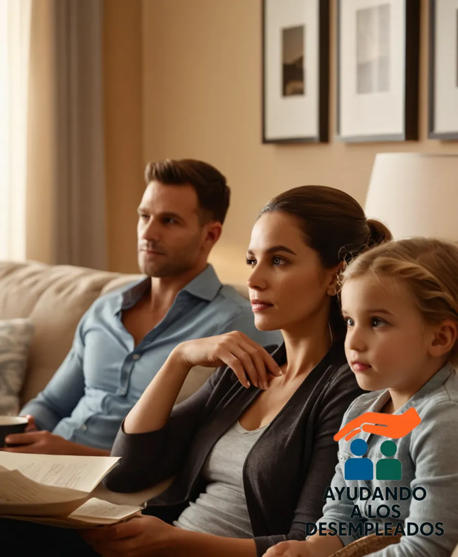 A young family sitting on a couch in front of a beige-colored wall, surrounded by empty furniture boxes and financial documents scattered on a coffee table, conveying a sense of uncertainty and struggle amidst visible home decor and economic instability.