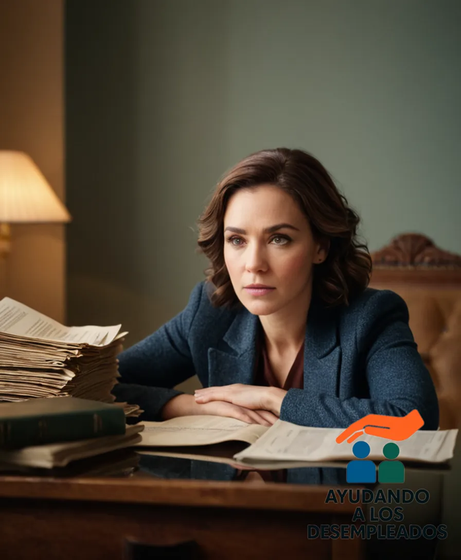 a close-up of an individual looking determined, sitting in front of a bare wall with worn-out furniture, amidst messy but tidy stacks of documents, bills, and job applications scattered around them, conveying a sense of resilience and struggle.