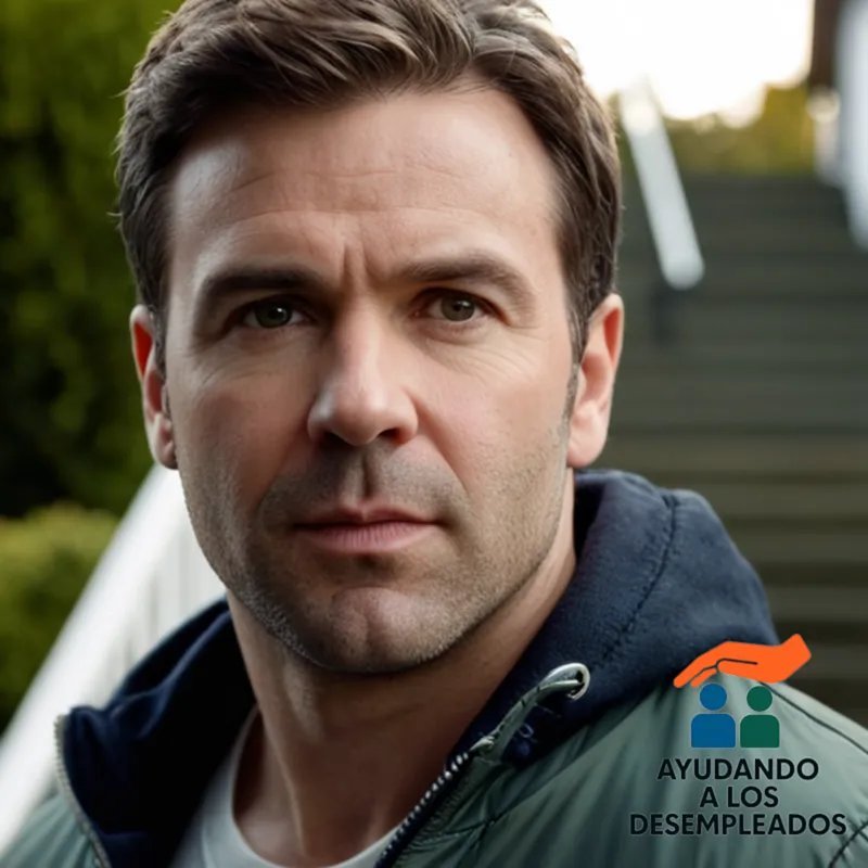 a determined-looking individual in their mid-30s, standing on the steps of their suburban home's entrance, wearing a worn-out jacket over a plain white t-shirt, with a worried expression and a faint hint of disarray surrounding them.