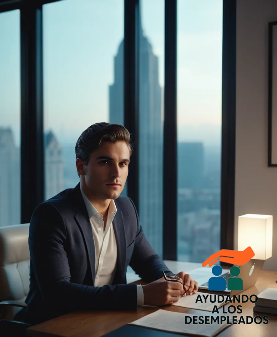 A young entrepreneur, mid-20s, sitting on a minimalist desk in a small, well-lit apartment, surrounded by laptop, papers, and financial books, looking intensely focused with a determined expression, wearing a simple yet elegant outfit, amidst a cityscape background through a window.