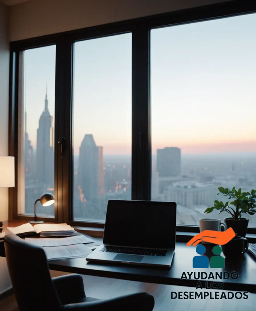 a person in their mid-30s, sitting at a cluttered home desk, surrounded by unpaid bills, financial documents, and a laptop displaying multiple browser tabs on topics such as budgeting, investment, and loan repayment, with a faint cityscape visible through the window behind them.