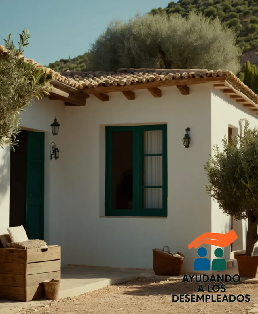 A photograph of an outdoor scene in Spain, a small home with a modest-sized mortgage sign clearly visible on the roof, beneath which a worried-looking homeowner, dressed in casual outdoor attire, is standing next to a stack of unpaid bills and financial documents, overshadowed by a dense, lush olive tree's branches.