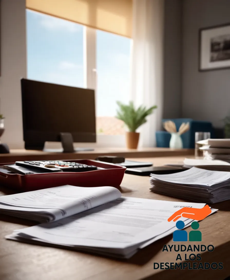A close-up of a Spanish mortgage contract (hipoteca) lying on top of a cluttered and dusty desk, surrounded by unpaid bills and receipts, with a faded photograph of a family in the background, conveying a sense of financial struggle.